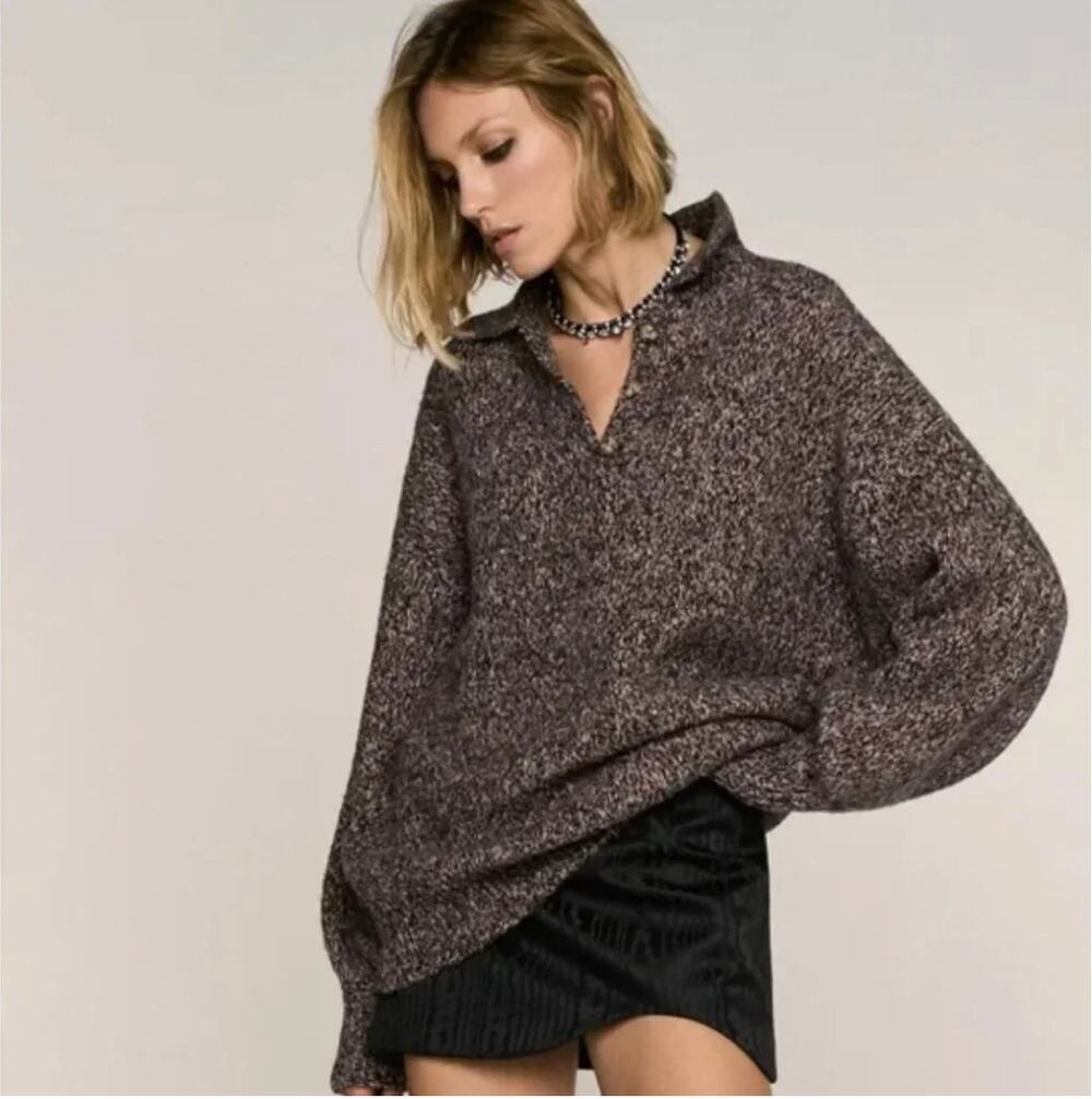 Zara Polo Collared Knit Oversized Sweater Brown Small